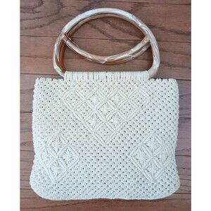 VTG Boho Macrame Ivory  Knotted Woven Bag  Marbleized Top Handles